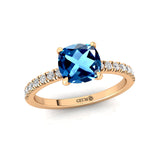 London Blue Topaz Square Cushion Under Halo Diamonds Thin Ring with Diamond Band