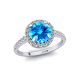 Classic Round Halo Diamonds with Solitaire Swiss Blue Topaz Engagement Ring