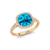 Halo Diamond Engagement Ring with Cushion Cut Swiss Blue Topaz