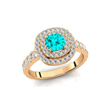 Double Halo Diamond Cushion Cut Paraiba Tourmaline Ring