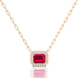 Emerald Cut Pink Sapphire Halo Set Diamond Necklace