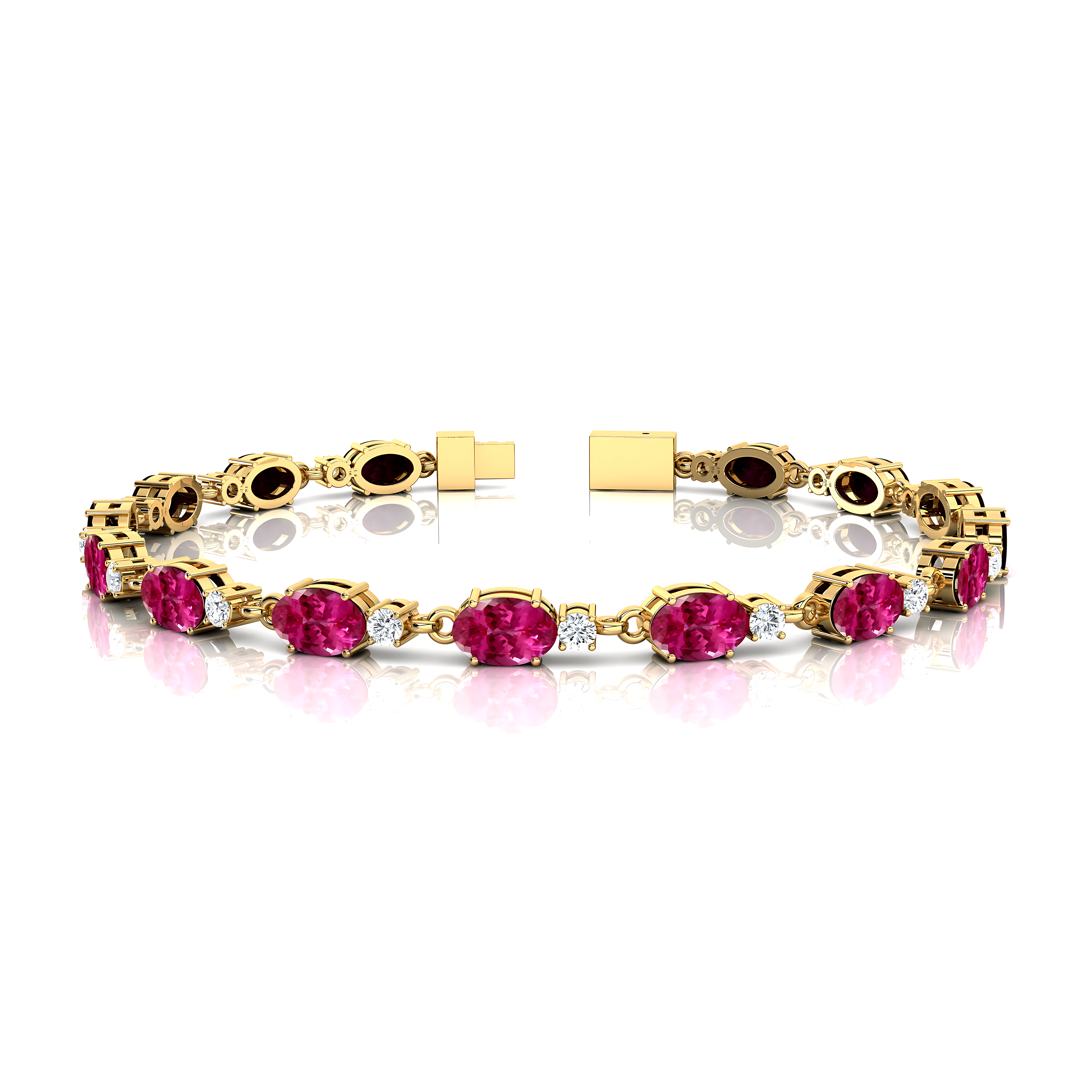 Tennis Bracelet Oval Pink Sapphire Round Diamond 18k Solid Yellow Gold Jewelry - Wedding Perfect Gift for Wife - GeumJewels