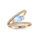 Fashionable V Shaped Diamond Ring with Pear Cut Moonstone