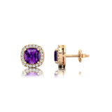 Cushion Cut Amethyst Halo Diamond Stud Earrings