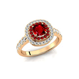 Double Halo Diamond Cushion Cut Ruby Ring