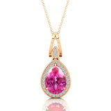 Classic Teardrop Shaped Pink Sapphire Halo Diamond Dangle Pendant