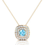 Double Halo Diamond Cushion Cut Aquamarine Necklace