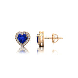 Heart Shaped Blue Sapphire Halo Diamond Stud Earrings