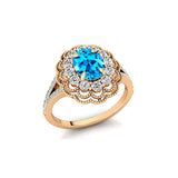 Flower Inspired Cluster Diamond Oval Swiss Blue Topaz Engagement Ring