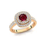 Double Halo Diamond Cushion Cut Garnet Ring