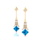 Inverted Princess Cut Swiss Blue Topaz Drop Earrings with Diamonds