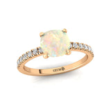 Opal Square Cushion Under Halo Diamonds Thin Ring with Diamond Band