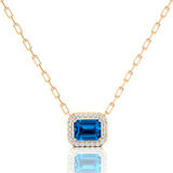 Emerald Cut Swiss Blue Topaz Halo Set Diamond Necklace