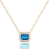 Emerald Cut London Blue Topaz Halo Set Diamond Necklace