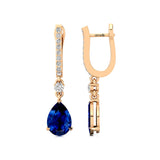 Lever Back Diamond Drop Earrings with Pear Cut Blue Sapphire