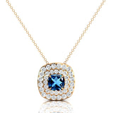 Double Halo Diamond Cushion Cut London Blue Topaz Necklace