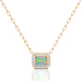 Emerald Cut Opal Halo Set Diamond Necklace