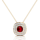 Double Halo Diamond Cushion Cut Ruby Necklace