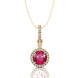 Classic Solitaire Round Pink Sapphire Halo Diamond Dangle Pendant