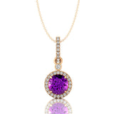 Classic Solitaire Round Amethyst Halo Diamond Dangle Pendant