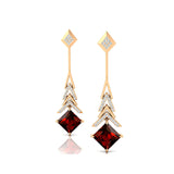 Inverted Princess Cut Garnet Drop Earrings with Diamonds