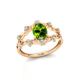 Flower Inspired Ring with Oval Shaped Peridot and Accent Diamonds