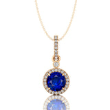 Classic Solitaire Round Blue Sapphire Halo Diamond Dangle Pendant