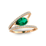 Fashionable V Shaped Diamond Ring with Pear Cut Emerald