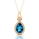 Classic Teardrop Shaped London Blue Topaz Halo Diamond Dangle Pendant