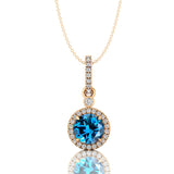 Classic Solitaire Round London Blue Topaz Halo Diamond Dangle Pendant