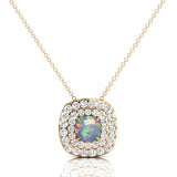 Double Halo Diamond Cushion Cut Opal Necklace