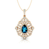 Art Deco Inspired Teardrop London Blue Topaz Diamond Pendant