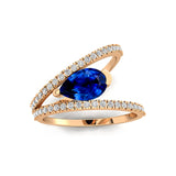 Fashionable V Shaped Diamond Ring with Pear Cut Blue Sapphire