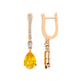 Lever Back Diamond Drop Earrings with Pear Cut Yellow Sapphire