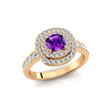 Double Halo Diamond Cushion Cut Amethyst Ring