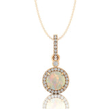 Classic Solitaire Round Opal Halo Diamond Dangle Pendant