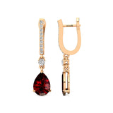 Lever Back Diamond Drop Earrings with Pear Cut Garnet