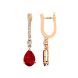 Lever Back Diamond Drop Earrings with Pear Cut Ruby