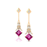 Inverted Princess Cut Pink Sapphire Drop Earrings with Diamonds