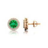 Round Solitaire Emerald Halo Diamond Stud Earrings