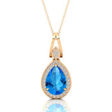 Classic Teardrop Shaped Swiss Blue Topaz Halo Diamond Dangle Pendant