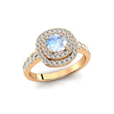 Double Halo Diamond Cushion Cut Moonstone Ring