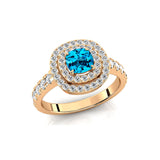 Double Halo Diamond Cushion Cut Swiss Blue Topaz Ring