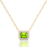 Emerald Cut Peridot Halo Set Diamond Necklace