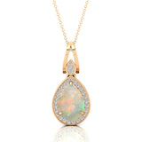 Classic Teardrop Shaped Opal Halo Diamond Dangle Pendant