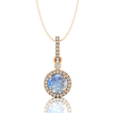 Classic Solitaire Round Moonstone Halo Diamond Dangle Pendant