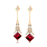 Inverted Princess Cut Ruby Drop Earrings with Diamonds