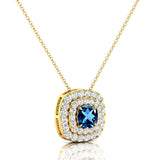 Double Halo Diamond Cushion Cut London Blue Topaz Necklace