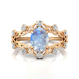 Flower Inspired Ring with Oval Shaped Moonstone and Accent Diamonds