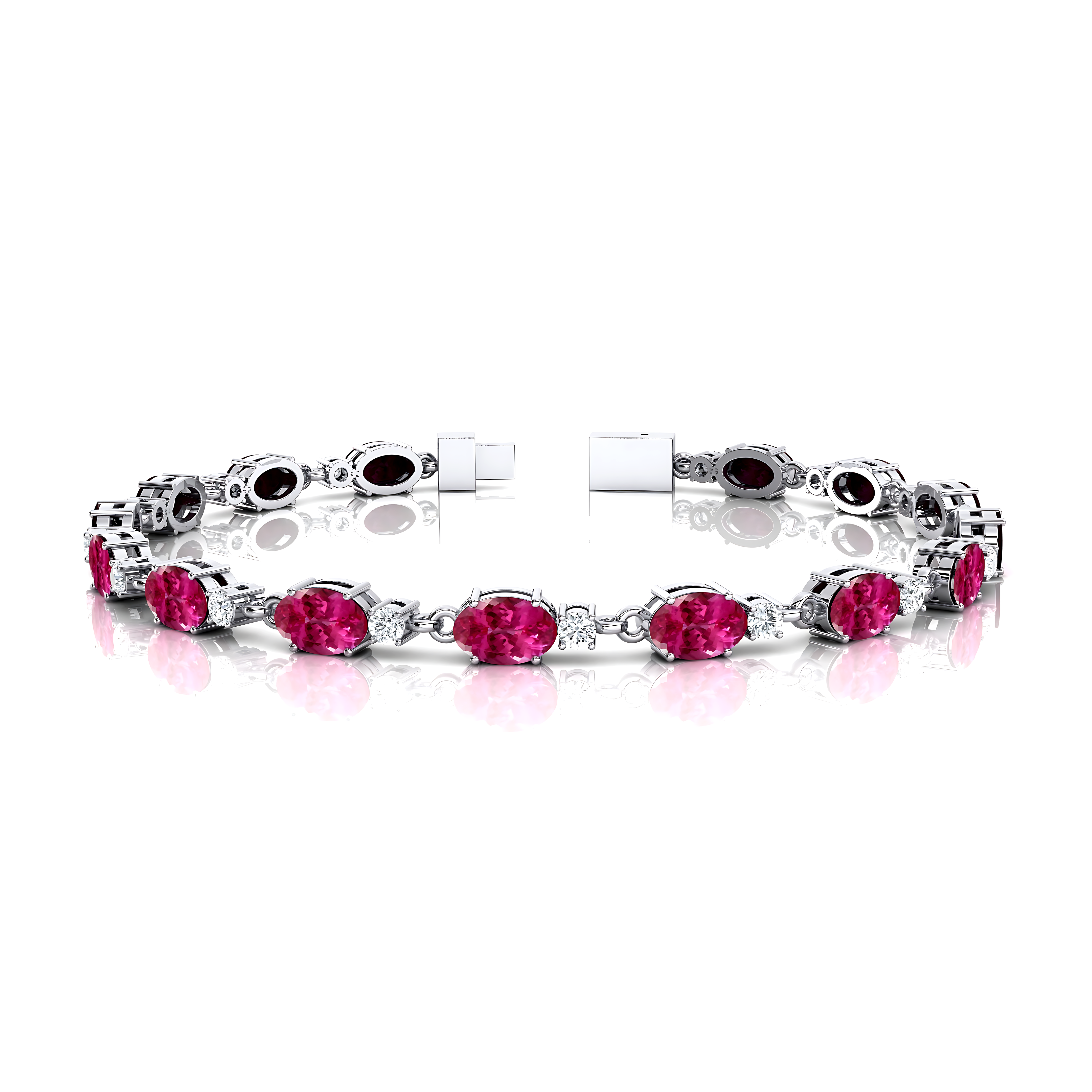 Tennis Bracelet Oval Pink Sapphire Round Diamond 18k Solid Yellow Gold Jewelry - Wedding Perfect Gift for Wife - GeumJewels
